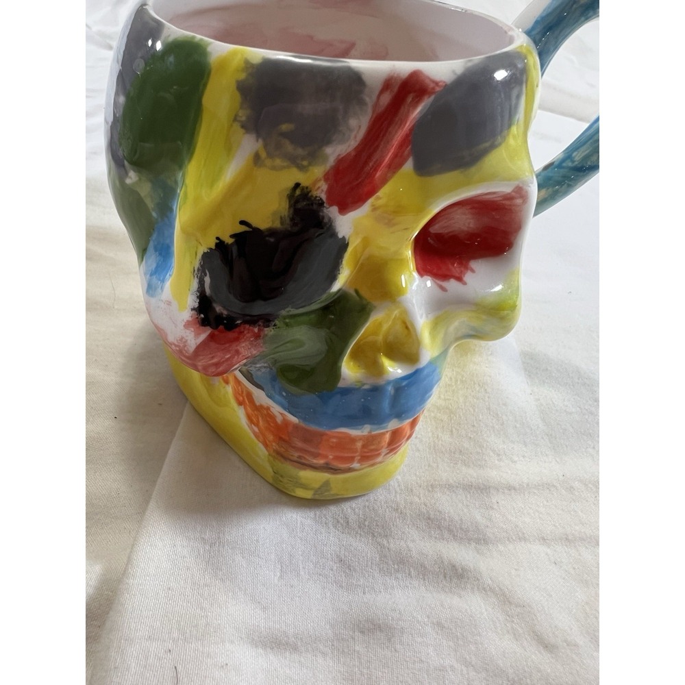 Hand Painted Ceramic Skull Mug Multicolor Abstract Art Signed AC- Small Chip/Rim - Picture 4 of 12